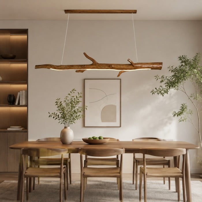 Lampada a sospensione lineare a forma di ramo in resina color legno HL4104
