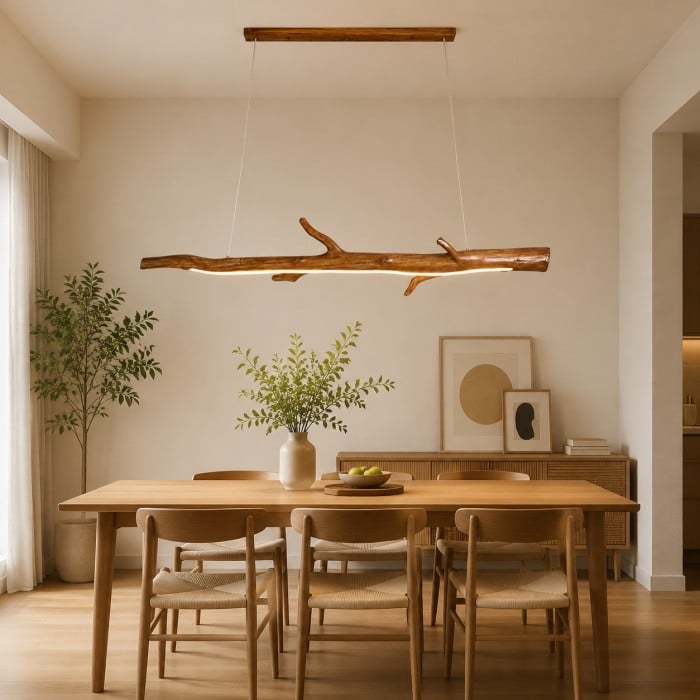 Lampada a sospensione lineare a forma di ramo in resina color legno HL4104