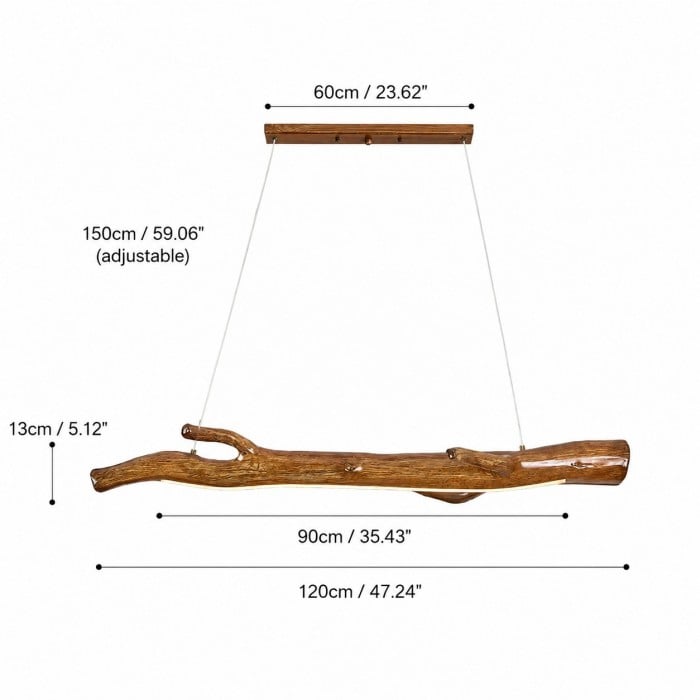Lampada a sospensione lineare a forma di ramo in resina color legno HL4104