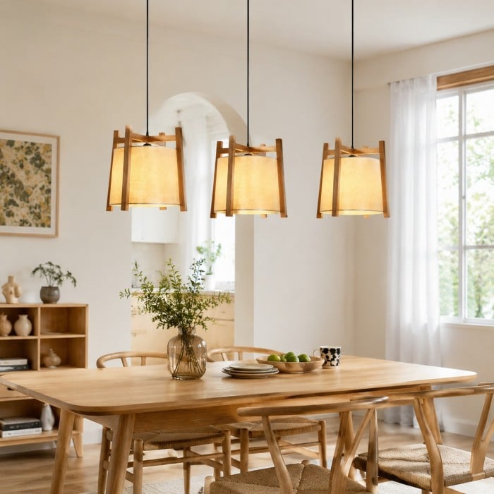 Lámpara colgante japonesa con marco de madera y pantalla de tela para comedor HL4130
