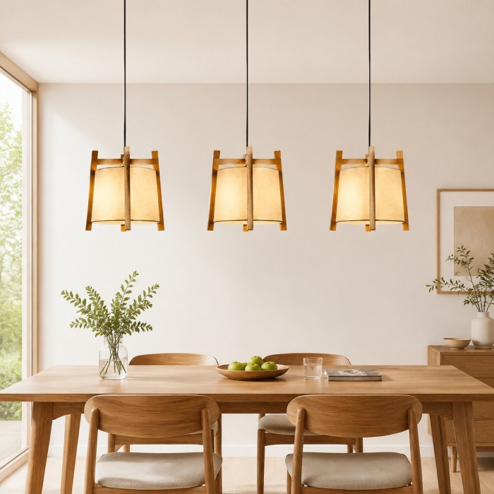 Lámpara colgante japonesa con marco de madera y pantalla de tela para comedor HL4130