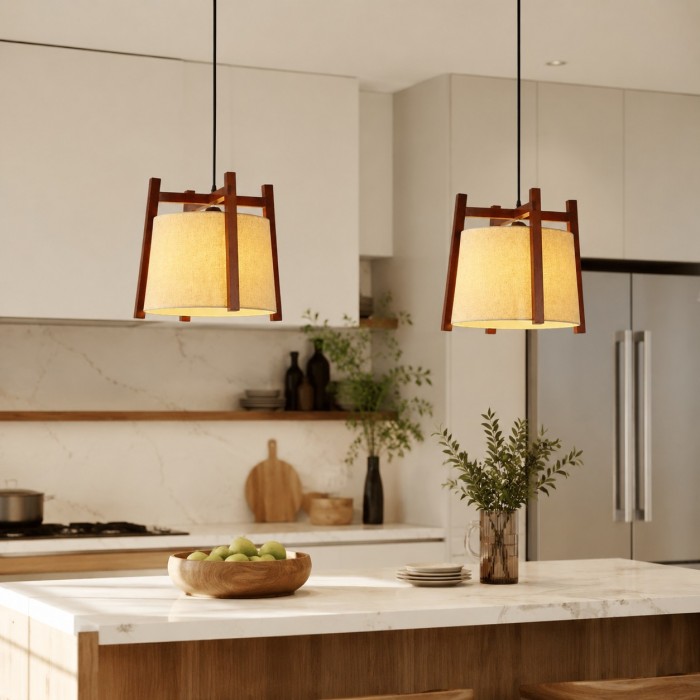 Lámpara colgante japonesa con marco de madera y pantalla de tela para comedor HL4130