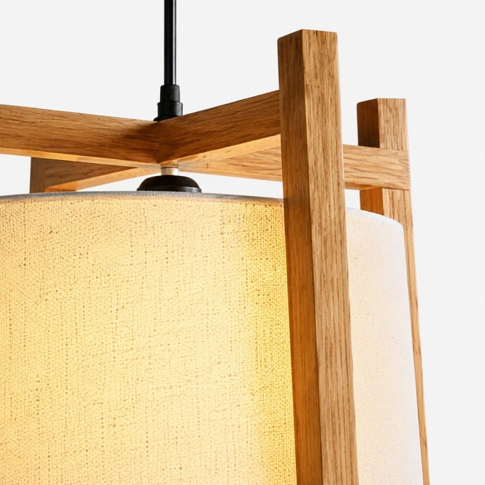 Lámpara colgante japonesa con marco de madera y pantalla de tela para comedor HL4130