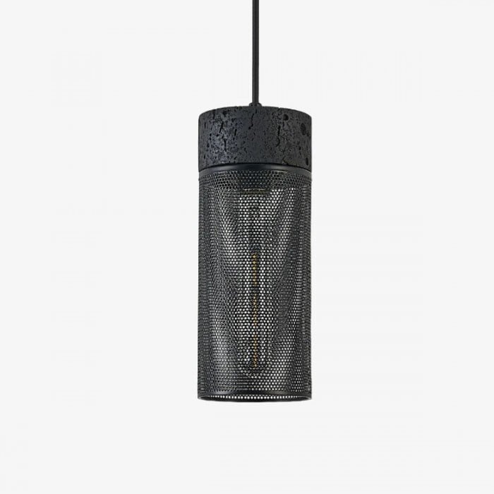 Lampada a sospensione cilindrica in travertino nero con paralume in rete metallica HL4059