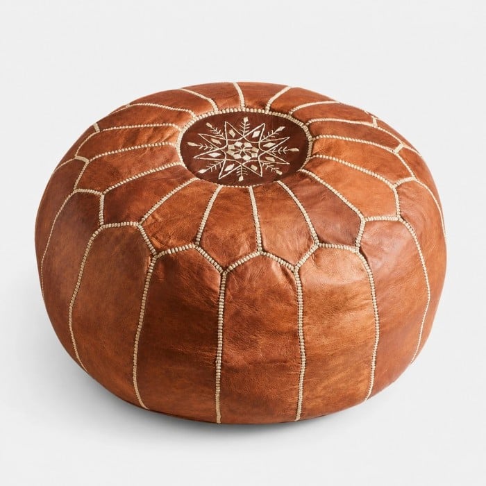 Brown Moroccan Pouf Ottoman, Round Stitched Footrest for Living Room, Bedroom and Boho Decor HL4158