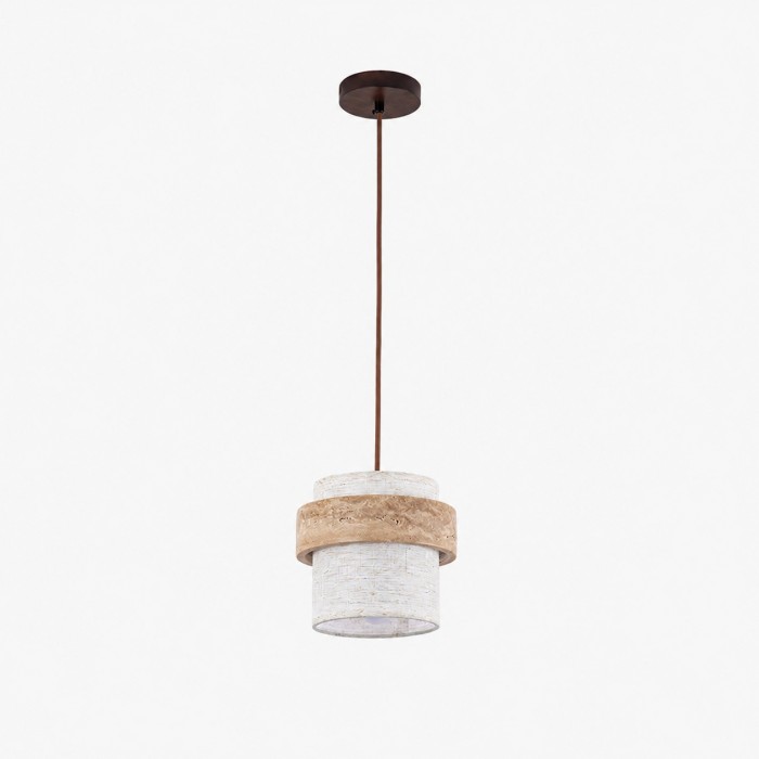 Hanglamp van travertijnstof met ring van natuursteen en lampenkap van linnen HL4101