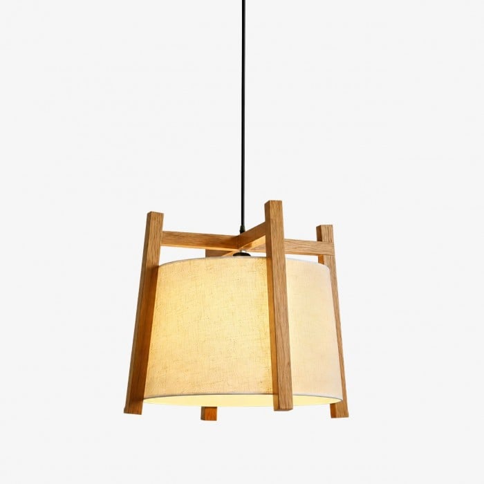 Lámpara colgante japonesa con marco de madera y pantalla de tela para comedor HL4130