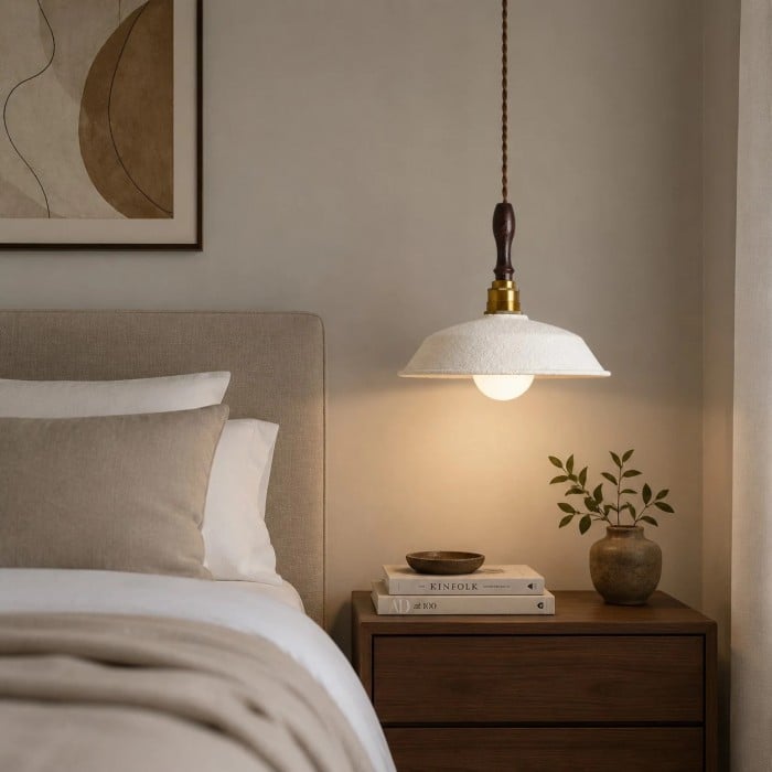 Hanglamp van Amerikaans messing met walnoothouten kap en witte metalen kap HL3777