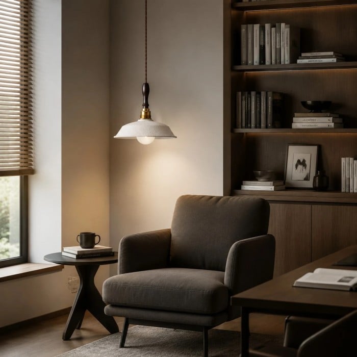Hanglamp van Amerikaans messing met walnoothouten kap en witte metalen kap HL3777