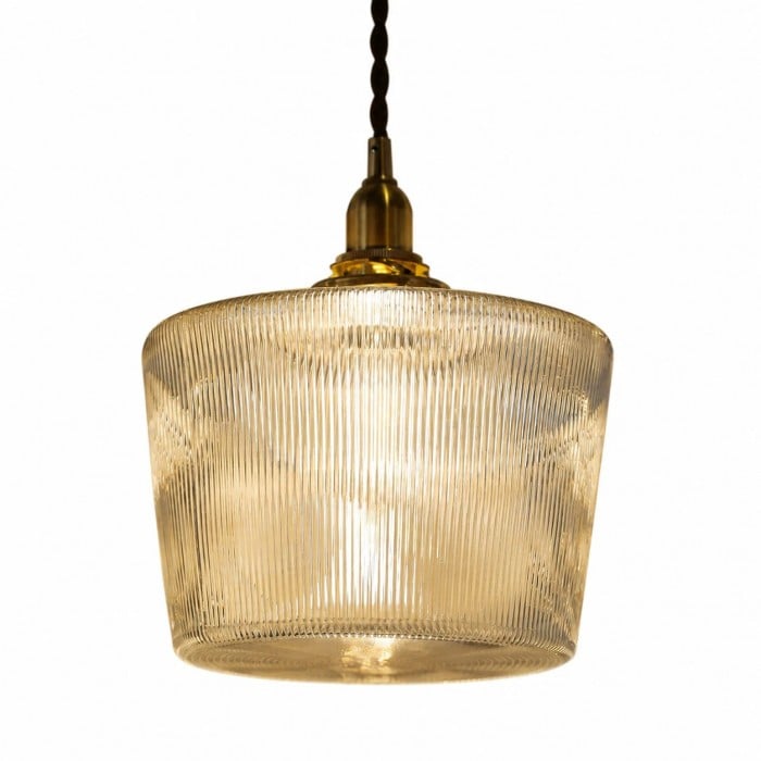 Amerikaanse vintage messing hanglamp met geribbeld glas HL3863
