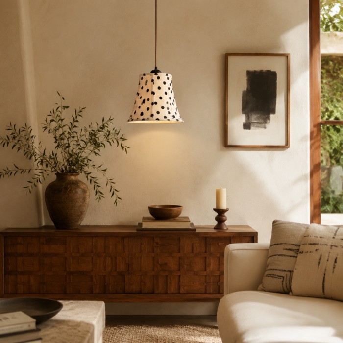 Hanglamp HL3812 met zwart-witte stippen van hout en stof.