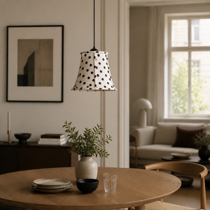 Hanglamp HL3812 met zwart-witte stippen van hout en stof.