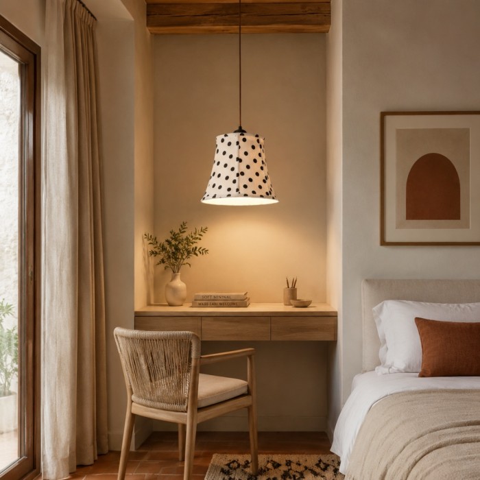 Hanglamp HL3812 met zwart-witte stippen van hout en stof.