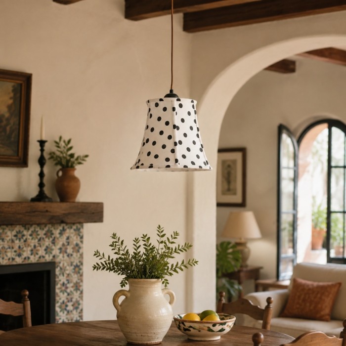 Hanglamp HL3812 met zwart-witte stippen van hout en stof.