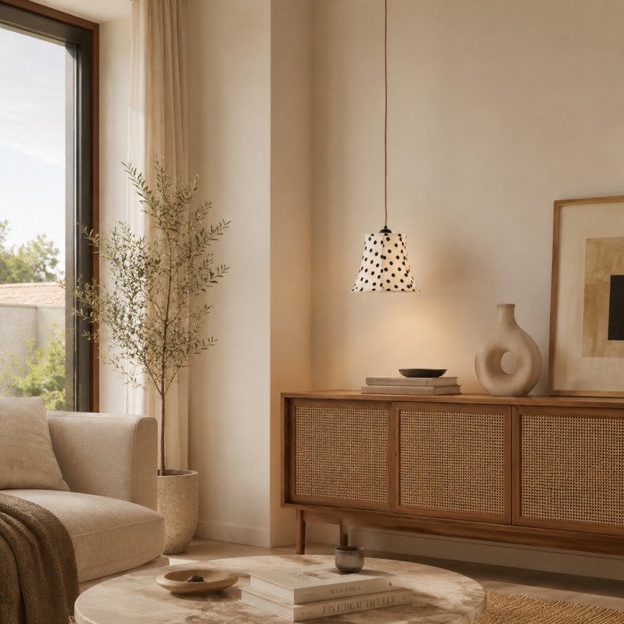 Hanglamp HL3812 met zwart-witte stippen van hout en stof.