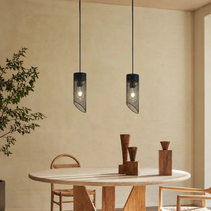 Hanglamp met zwart gaas en stenen details HL3867