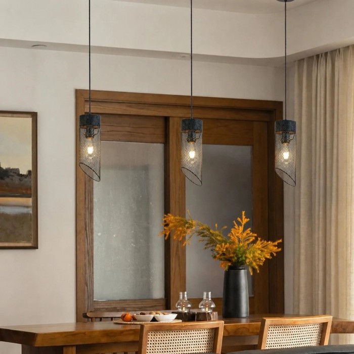 Hanglamp met zwart gaas en stenen details HL3867
