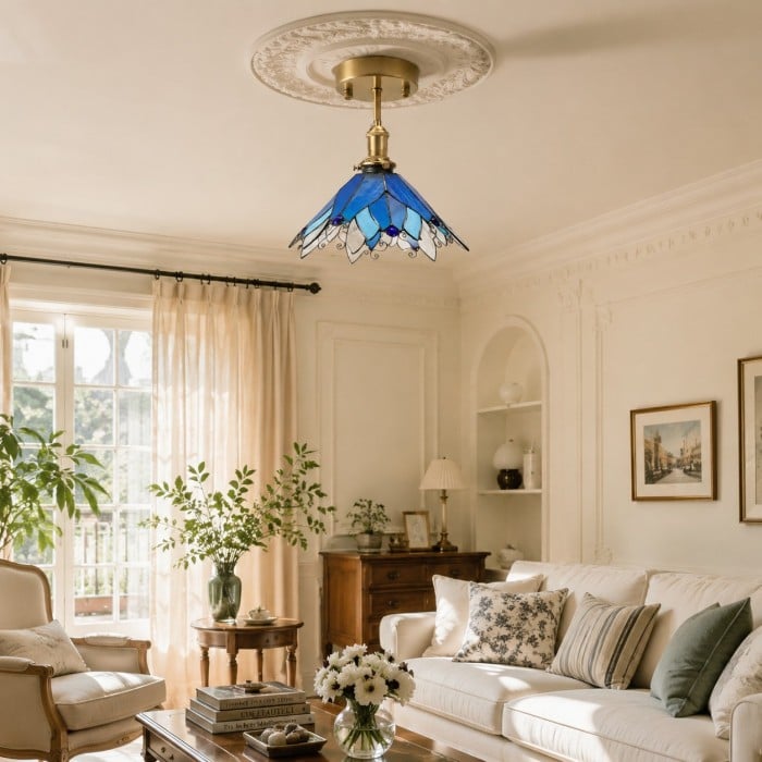 Blauw gebrandschilderd glazen plafondlamp met halfverzonken montage HL3640