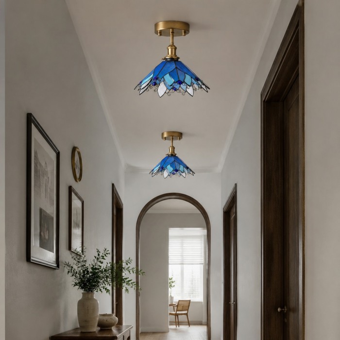 Blauw gebrandschilderd glazen plafondlamp met halfverzonken montage HL3640
