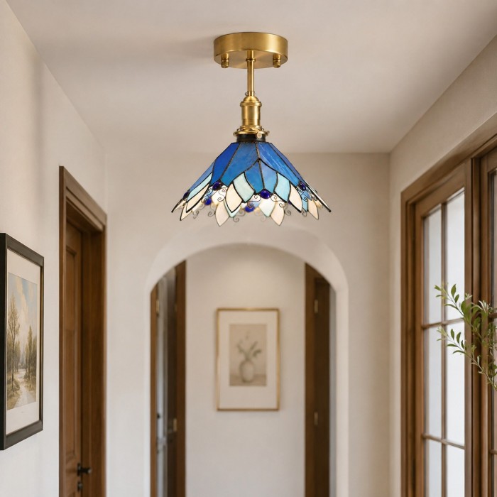 Blauw gebrandschilderd glazen plafondlamp met halfverzonken montage HL3640