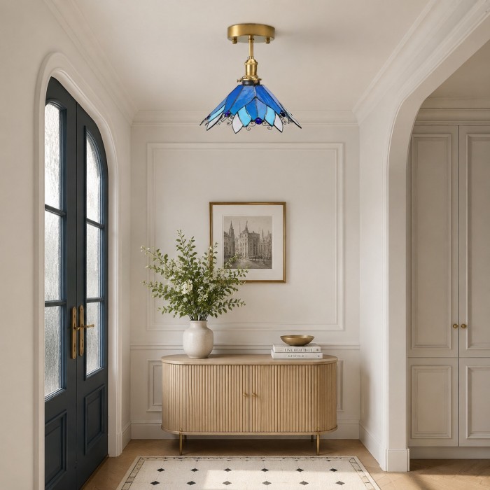 Blauw gebrandschilderd glazen plafondlamp met halfverzonken montage HL3640