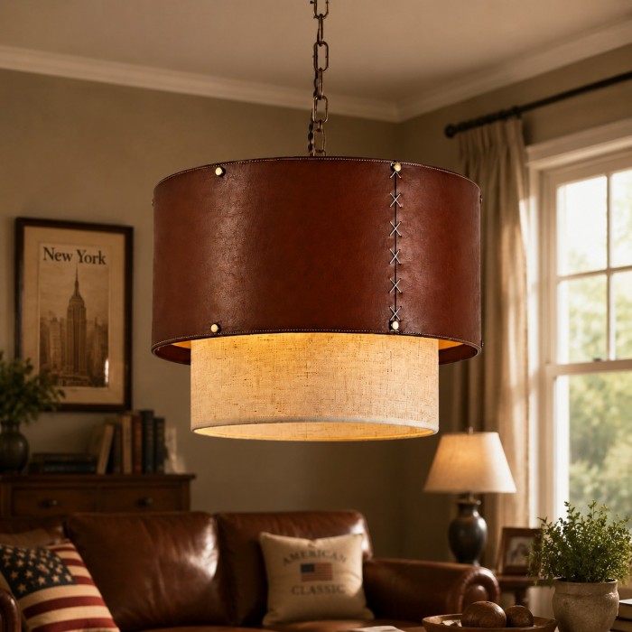 Rustieke hanglamp met bruine leren trommelkap voor de woonkamer HL3771