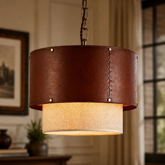 Rustieke hanglamp met bruine leren trommelkap voor de woonkamer HL3771