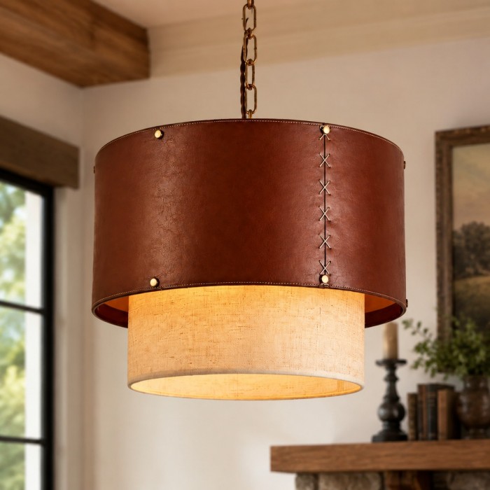 Rustieke hanglamp met bruine leren trommelkap voor de woonkamer HL3771