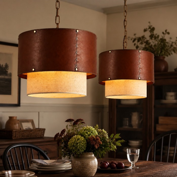 Rustieke hanglamp met bruine leren trommelkap voor de woonkamer HL3771