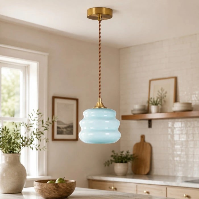 Celeste blauwe hanglamp met geribbeld glas HL3754