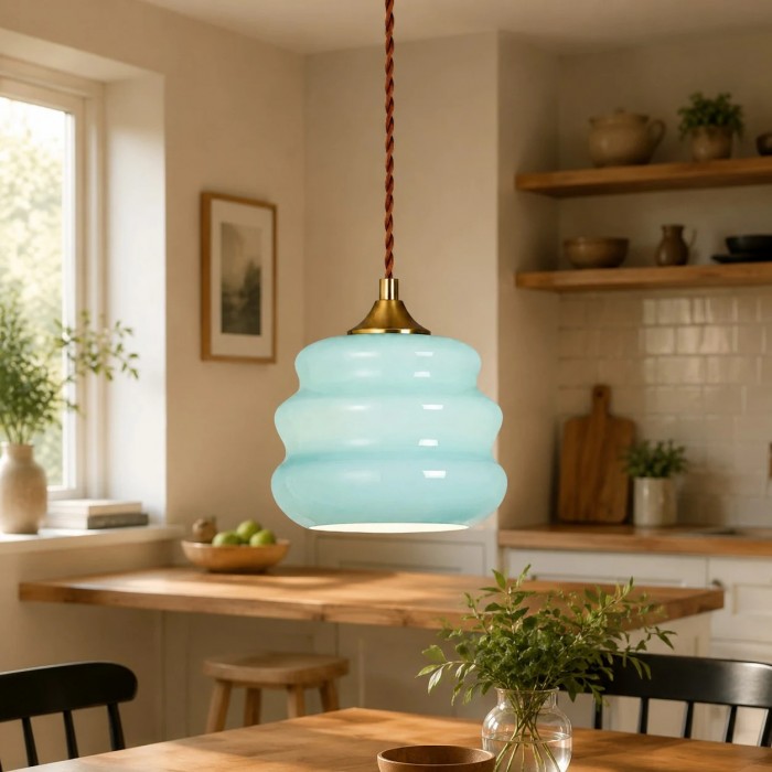 Celeste blauwe hanglamp met geribbeld glas HL3754