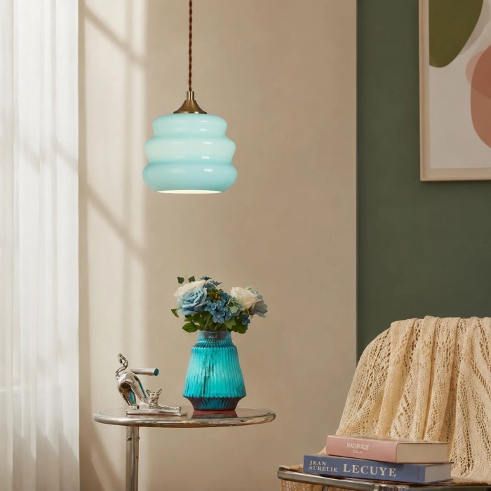 Celeste blauwe hanglamp met geribbeld glas HL3754