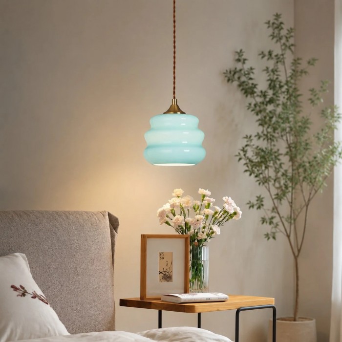 Celeste blauwe hanglamp met geribbeld glas HL3754