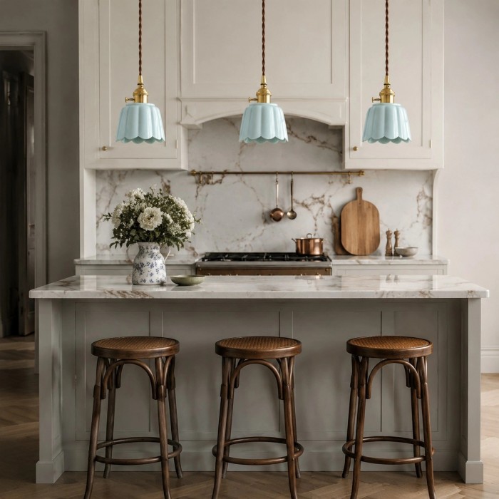 Cienax hanglamp met bloemvormige keramische kap - messing accentlamp voor keuken en nachtkastje HL3613