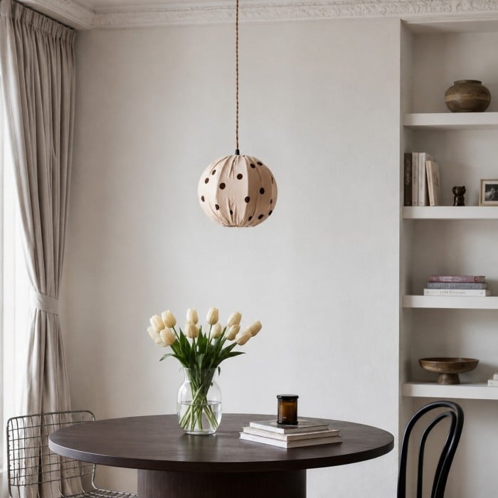 Kremowa lampa wisząca w groszki z tkaniny do jadalni HL3775