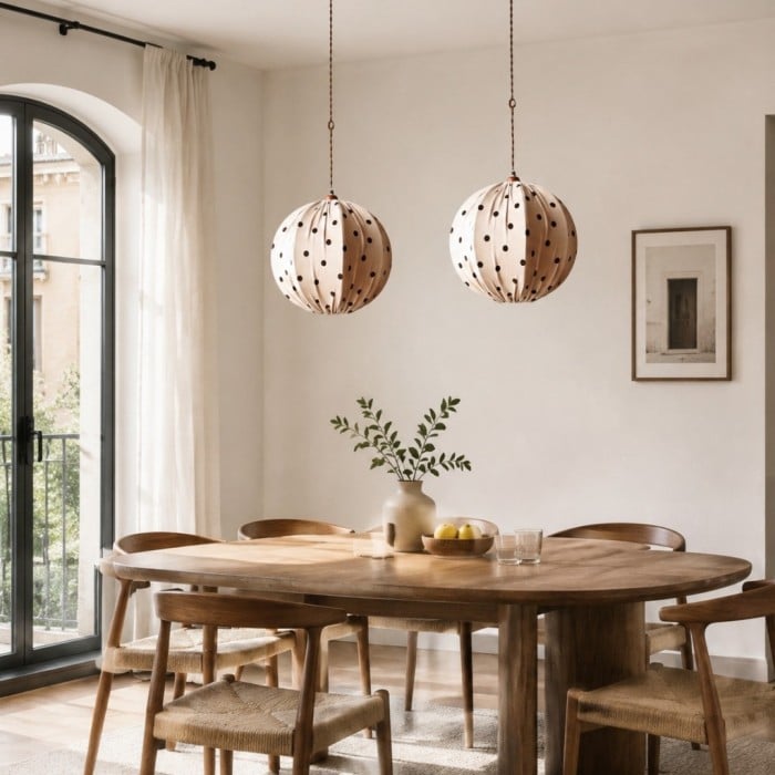 Kremowa lampa wisząca w groszki z tkaniny do jadalni HL3775