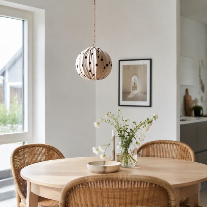 Kremowa lampa wisząca w groszki z tkaniny do jadalni HL3775