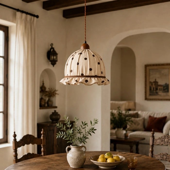 Kremowa lampa wisząca z tkaniny w kropki HL3782