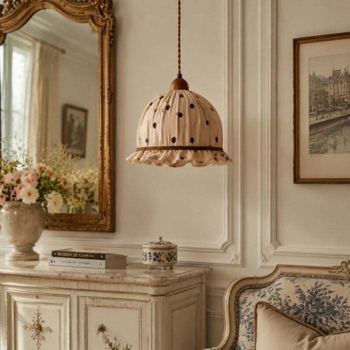 Kremowa lampa wisząca z tkaniny w kropki HL3782