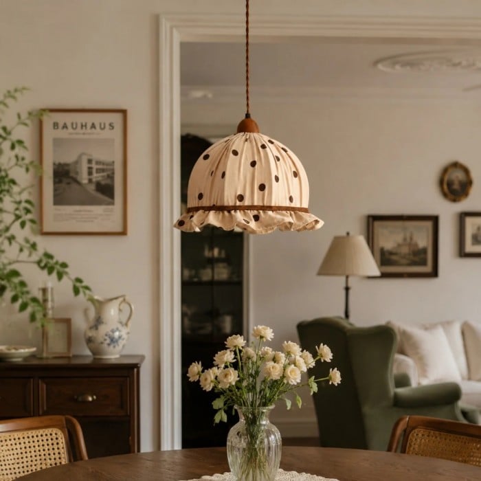 Kremowa lampa wisząca z tkaniny w kropki HL3782