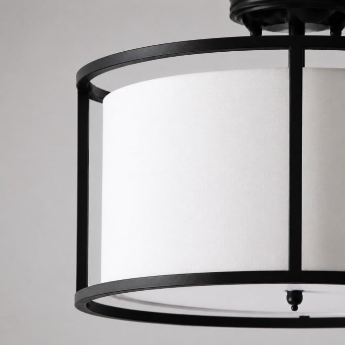 Dumora plafondlamp met stoffen trommelkap en metalen frame, semi-inbouwmontage HL3893