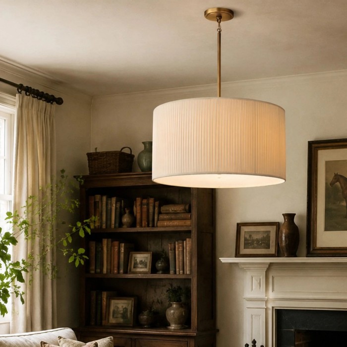 Dumora kroonluchter met geplooide stoffen kap en antiek messing frame - Klassieke hanglamp voor de woonkamer HL3927