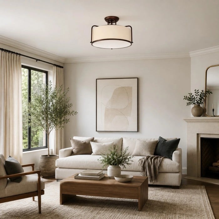 Dumora plafondlamp met halfverzonken montage en witte stoffen kap - Koffiebruin metalen armatuur voor de woonkamer HL3900