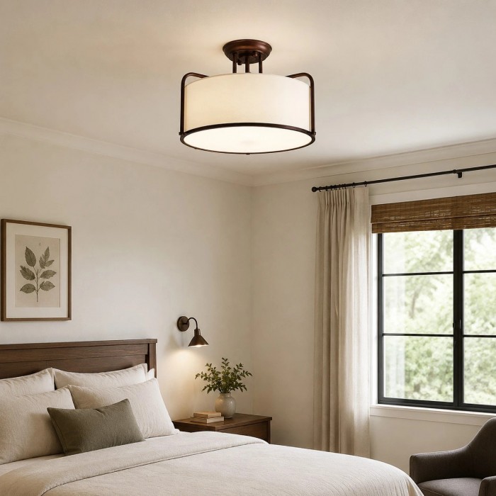 Dumora plafondlamp met halfverzonken montage en witte stoffen kap - Koffiebruin metalen armatuur voor de woonkamer HL3900