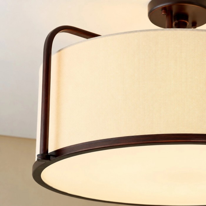 Dumora plafondlamp met halfverzonken montage en witte stoffen kap - Koffiebruin metalen armatuur voor de woonkamer HL3900