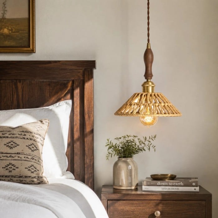 Hanglamp in landelijke stijl van walnoothout en rotan voor woonkamer en keukeneiland HL3729