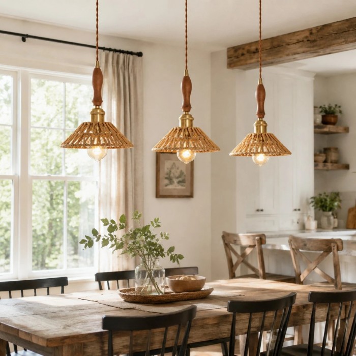 Hanglamp in landelijke stijl van walnoothout en rotan voor woonkamer en keukeneiland HL3729