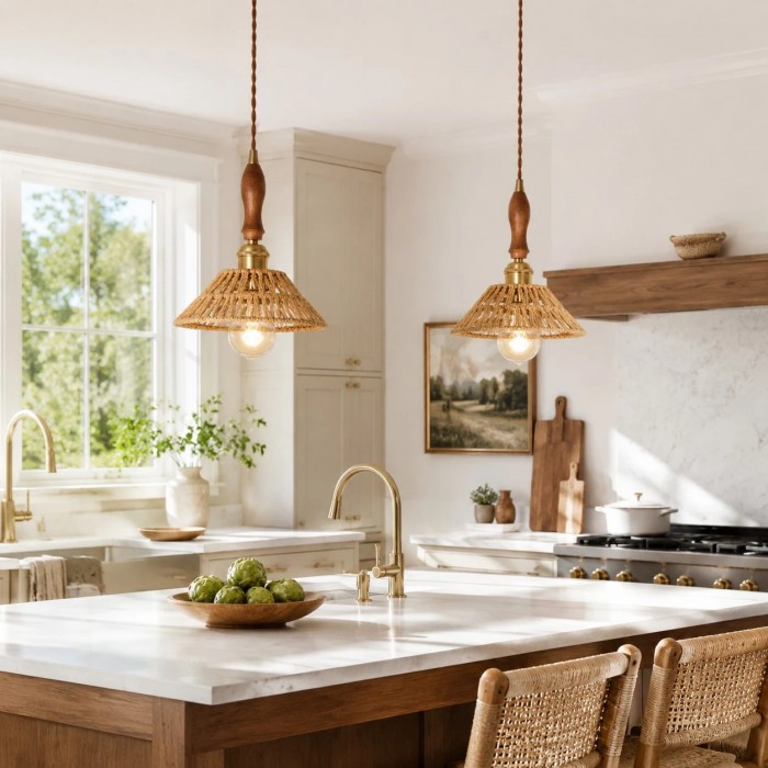 Hanglamp in landelijke stijl van walnoothout en rotan voor woonkamer en keukeneiland HL3729