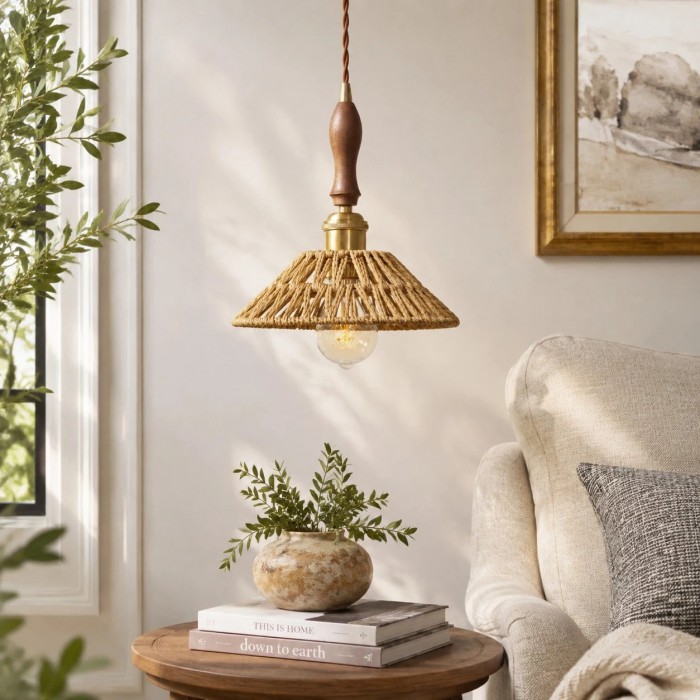 Hanglamp in landelijke stijl van walnoothout en rotan voor woonkamer en keukeneiland HL3729