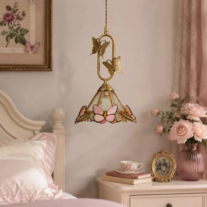 Francuska lampa wisząca w stylu vintage z motylem i miedzią HL3824